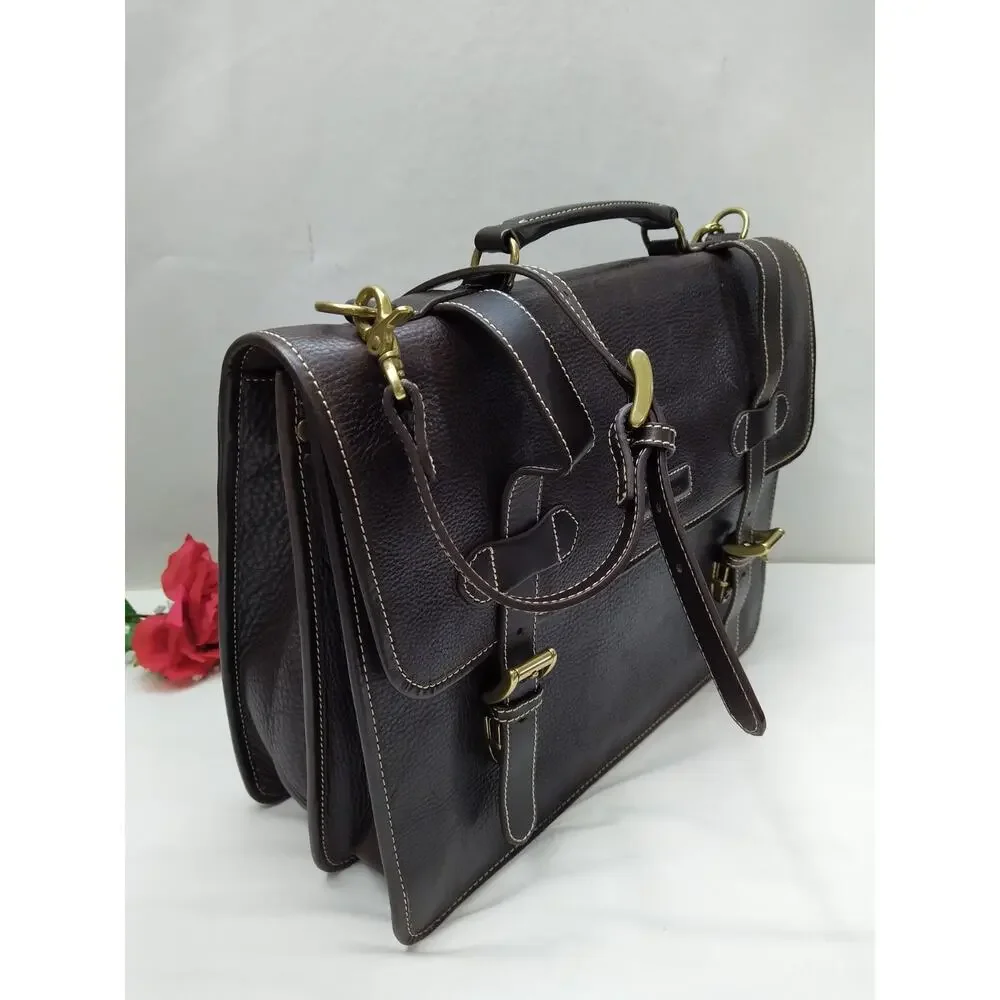 Cole Haan Brown Pebbled Leather Buckle Flap Top Handle Briefcase Messenger Bag